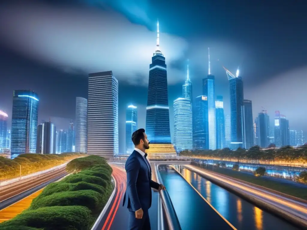 Metrópolis futurista: éxito financiero y colaboración estratégica Vibrante ciudad futurista con rascacielos modernos y profesionales colaborando para maximizar rentabilidades financieras inmobiliarias