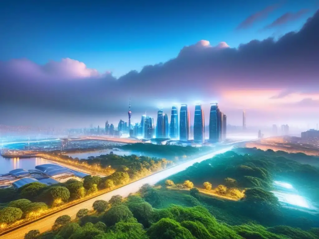 Metrópolis futurista: fusión de naturaleza y tecnología Vibrante ciudad futurista con rascacielos y sistemas de transporte avanzados, que fusiona naturaleza y tecnología en un ambiente urbano armonioso