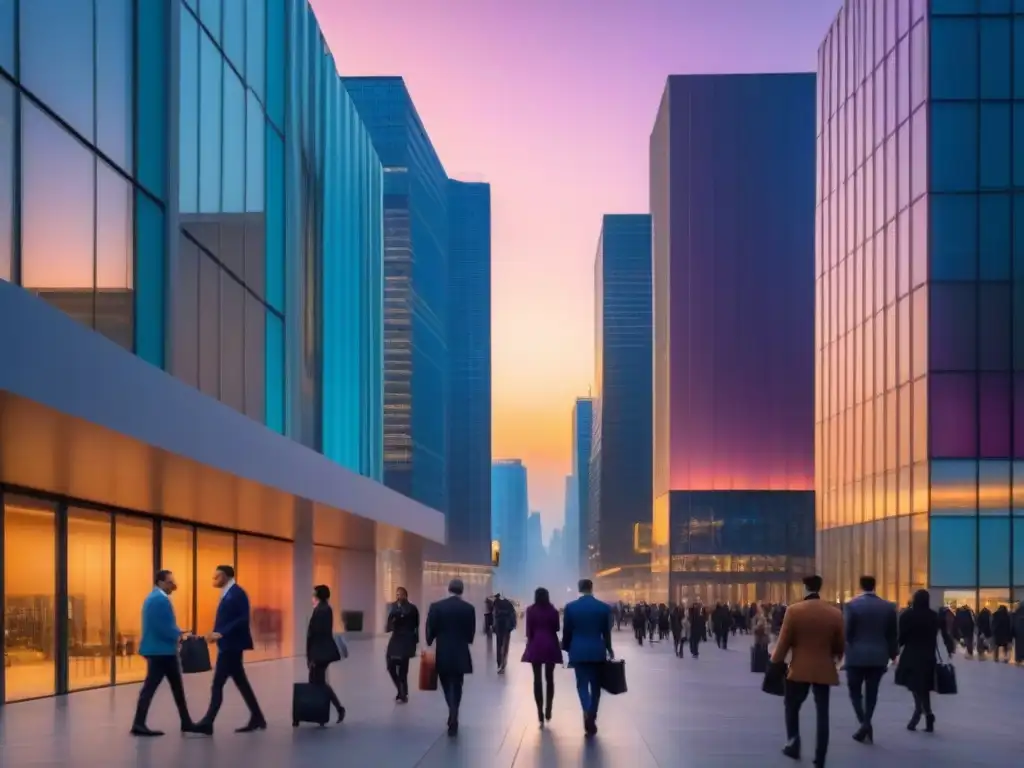 Vibrante ciudad futurista al anochecer, con rascacielos iluminados y gente en la calle
