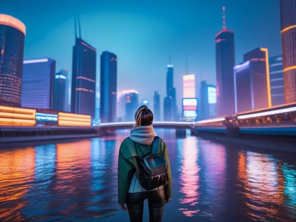 Metrópolis futurista: luces neón en moderna arquitectura Vibrante ciudad futurista al anochecer con rascacielos iluminados por luces neón, reflejándose en un río sereno