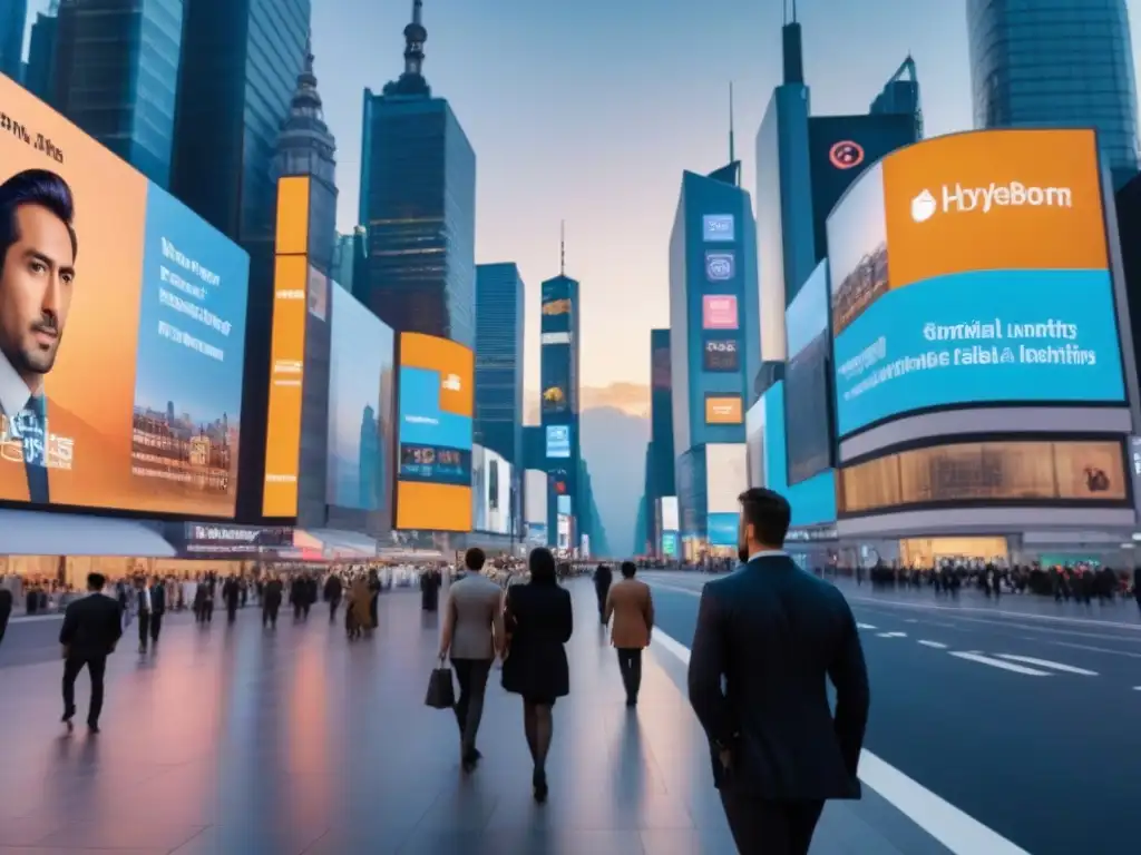 Metrópolis futurista: real estate digital en acción Vibrante ciudad futurista al anochecer con rascacielos iluminados y publicidad digital para mercado inmobiliario