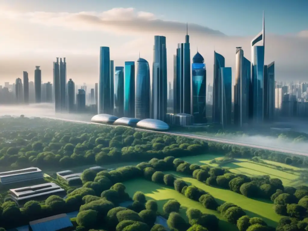 Horizonte urbano futurista: modernidad y naturaleza en armonía Vibrante ciudad futurista: rascacielos modernos junto a parques verdes, calles llenas de vida
