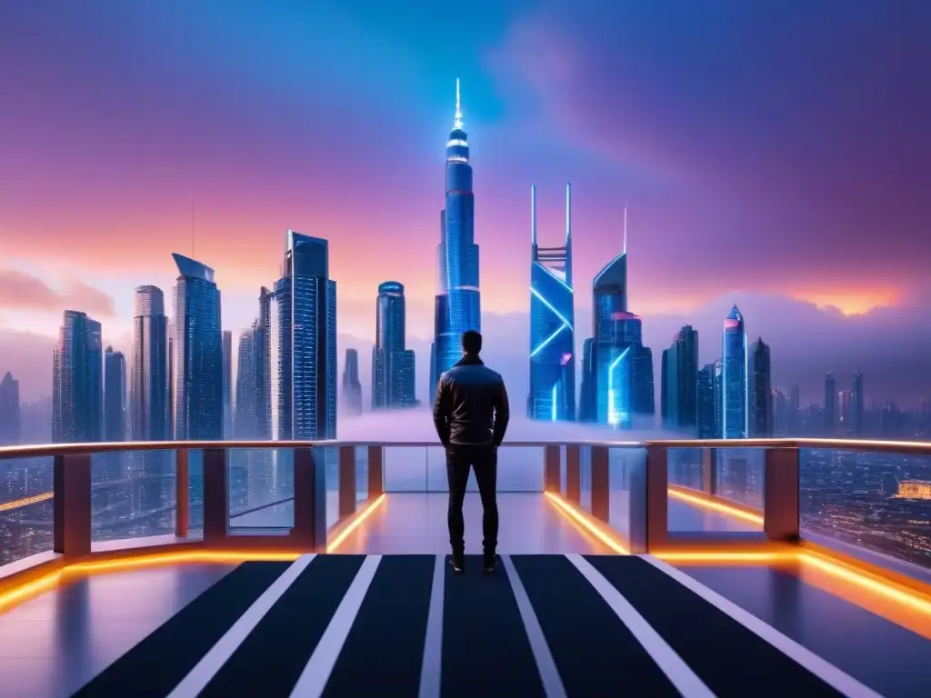 Visión futurista: Ciudad nocturna con rascacielos y luces neón Vibrante ciudad futurista con rascacielos brillantes iluminados por luces neón al atardecer