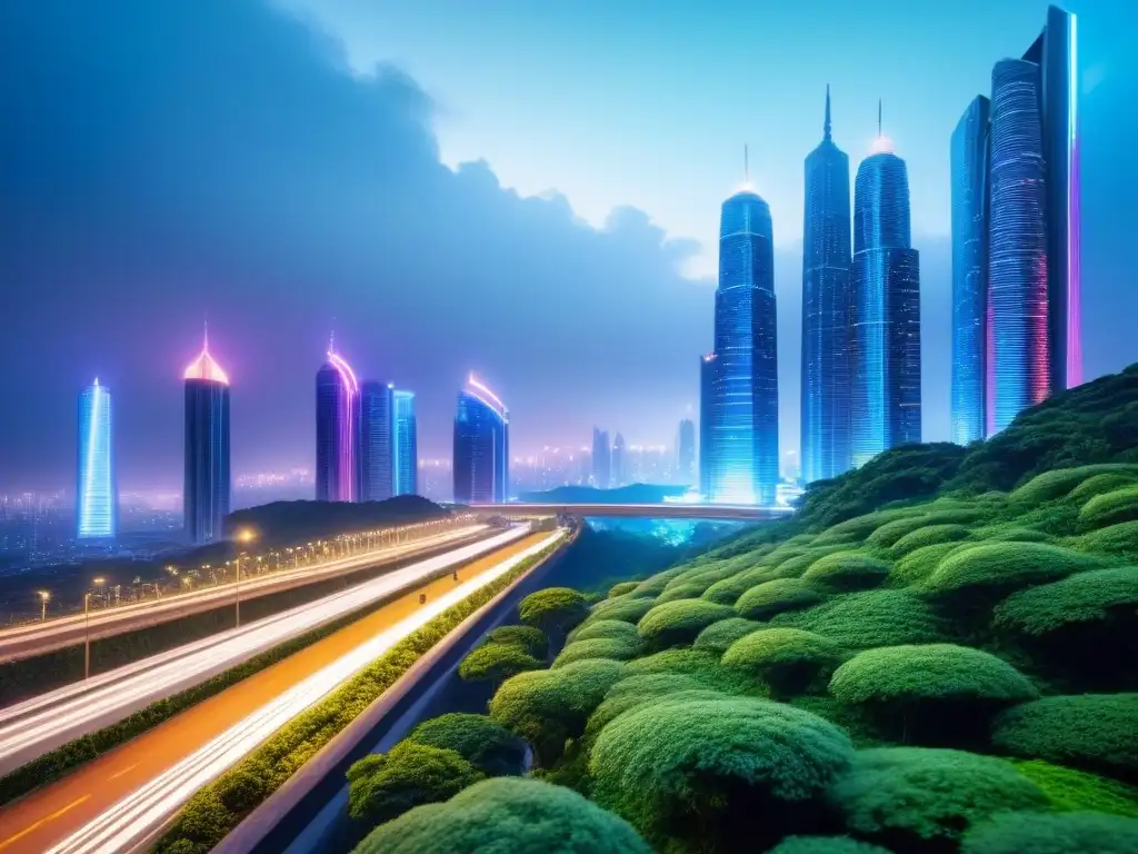 Metrópolis futurista: rascacielos y tecnología verde Vibrante ciudad futurista con rascacielos y calles llenas de vida, iluminados por luces de neón y rodeados de vegetación exuberante
