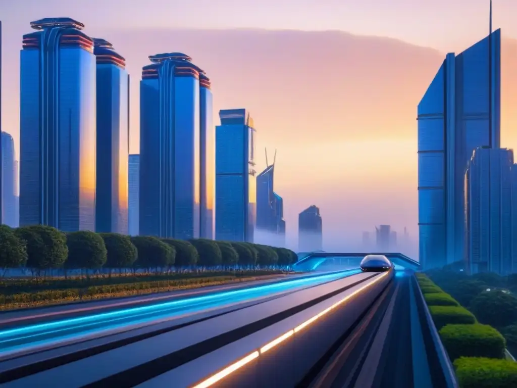 Metrópolis futurista: rascacielos iluminados al atardecer Vibrante ciudad futurista al anochecer, con rascacielos iluminados reflejando la puesta de sol, entre sistemas de transporte avanzados