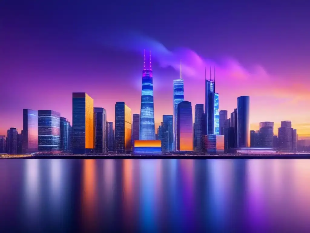 Cityscape futurista con mercado inmobiliario digital 2023 Vibrante ciudad futurista con rascacielos iluminados y gráficos holográficos