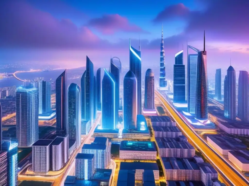 Metrópolis futurista: avance tecnológico en el mercado inmobiliario 2023 Vibrante ciudad futurista al anochecer con rascacielos iluminados, autos voladores y hologramas de tendencias inmobiliarias