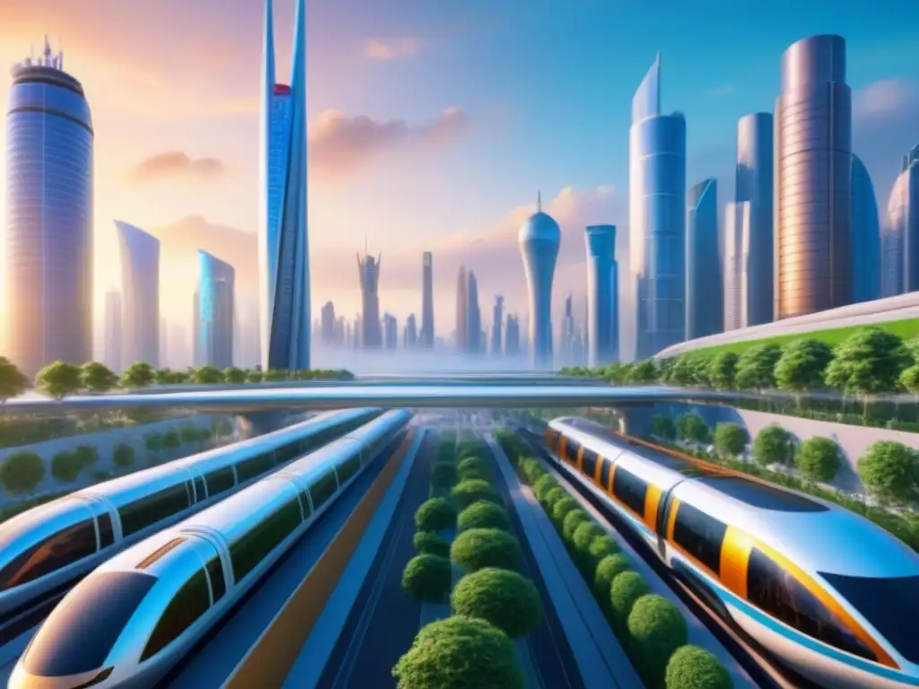 Vibrante ciudad futurista con rascacielos modernos, transporte avanzado y sostenibilidad, reflejando las tendencias financiamiento inmobiliario futuro
