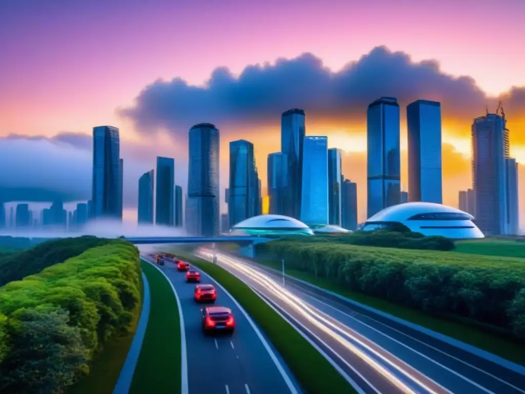 Horizonte futurista: ciudad sostenible y vibrante Vibrante ciudad futurista con rascacielos sostenibles, destacando tecnologías verdes e inversores en financiamiento inmobiliario sostenible