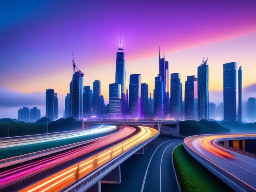 Metrópolis futurista: luces vibrantes y energía dinámica Vibrante ciudad futurista al anochecer con rascacielos iluminados y calles llenas de vida