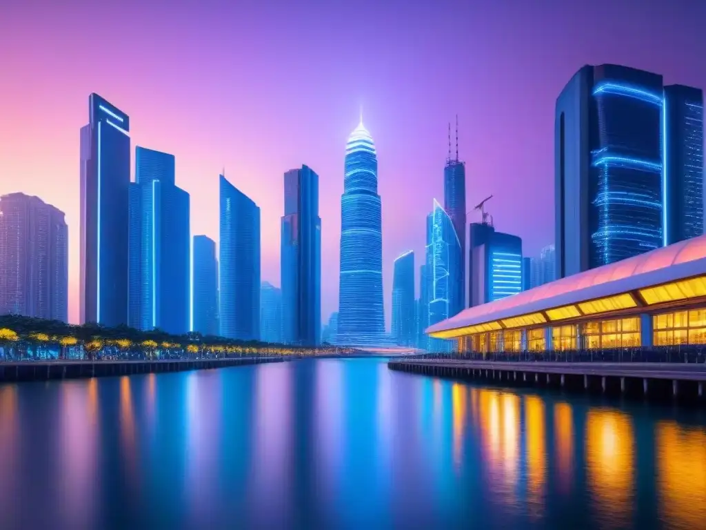 Metrópolis futurista: el impacto de Big Data y AI en propiedades Vibrante ciudad futurista al anochecer, con rascacielos iluminados y red de datos entre edificios