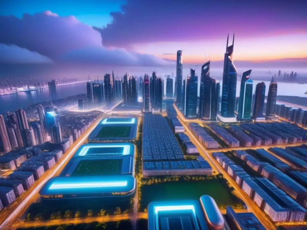 Metrópolis futurista 8k: luces neón y arquitectura innovadora Vibrante ciudad futurista con rascacielos y sistemas de transporte avanzados, reflejo de innovación y políticas gubernamentales en mercados inmobiliarios internacionales