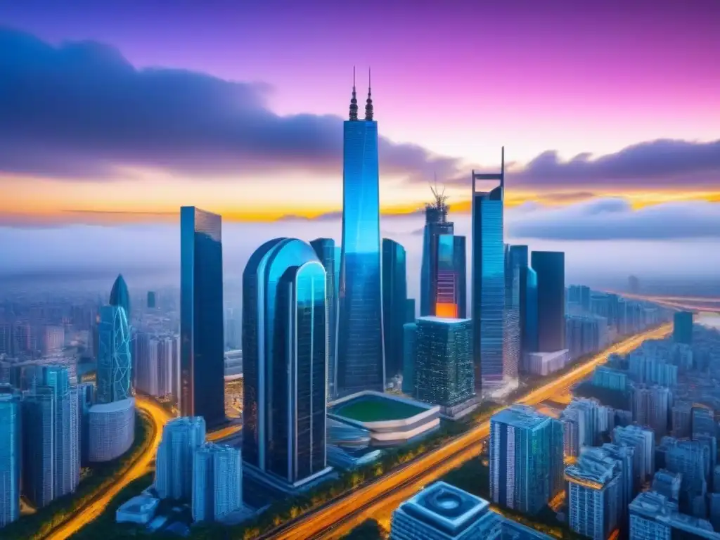 Skyline futurista: rascacielos y redes sociales en 8k Vibrante ciudad futurista con rascacielos y anuncios digitales, reflejando las tendencias mercado inversión inmobiliaria internacional