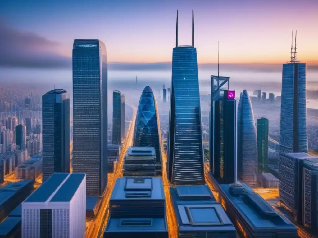 Metrópolis futurista: inversores internacionales en auge Vibrante ciudad futurista con rascacielos y mercado inmobiliario internacional