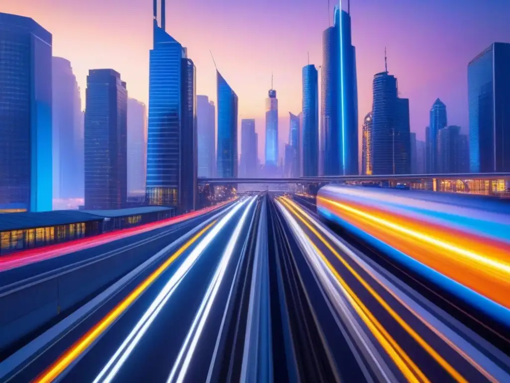 Metrópolis futurista: luces de neón y tecnología de vanguardia Vibrante ciudad futurista al anochecer, con rascacielos iluminados y vehículos eléctricos