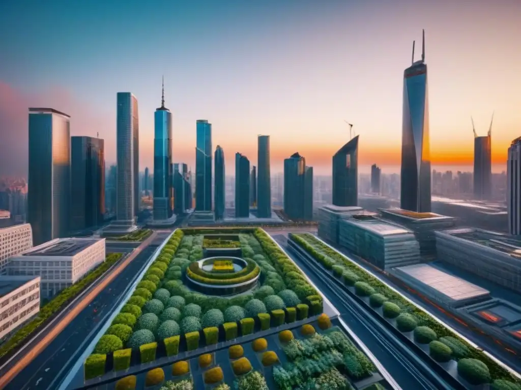 Vibrante ciudad futurista con rascacielos y naturaleza, reflejo de cambios políticas globales en financiamiento inmobiliario