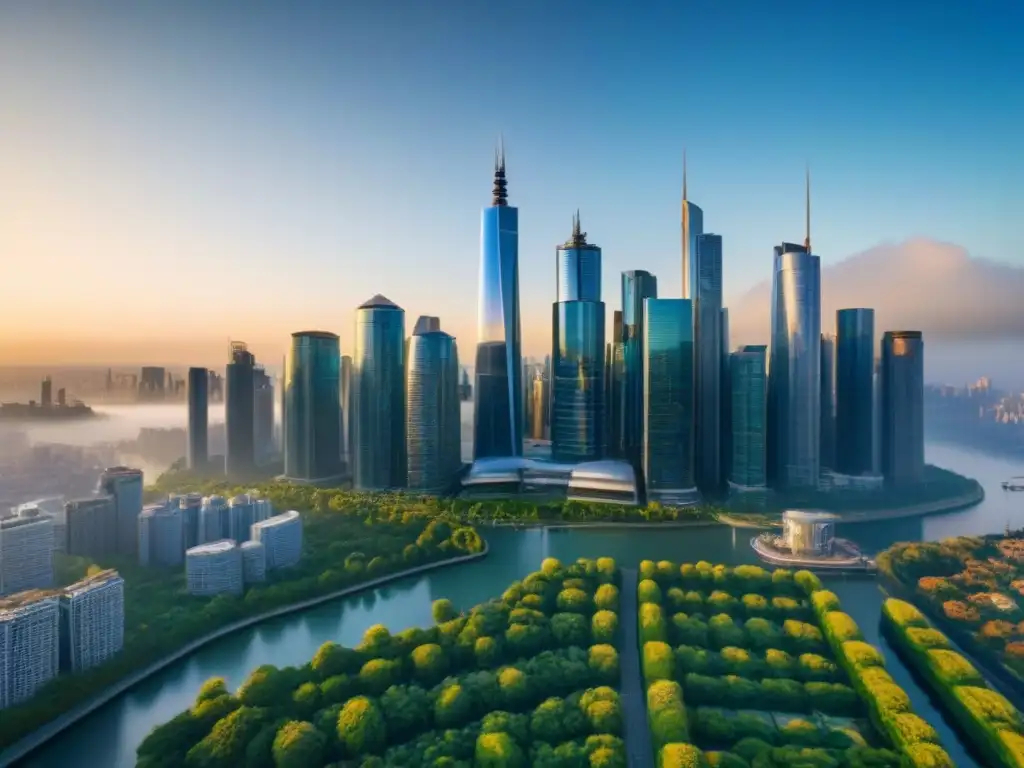 Horizonte futurista: hipotecas flexibles para el éxito financiero Vibrante ciudad futurista con rascacielos rodeados de vegetación, simbolizando las Ventajas de hipotecas privadas flexibles