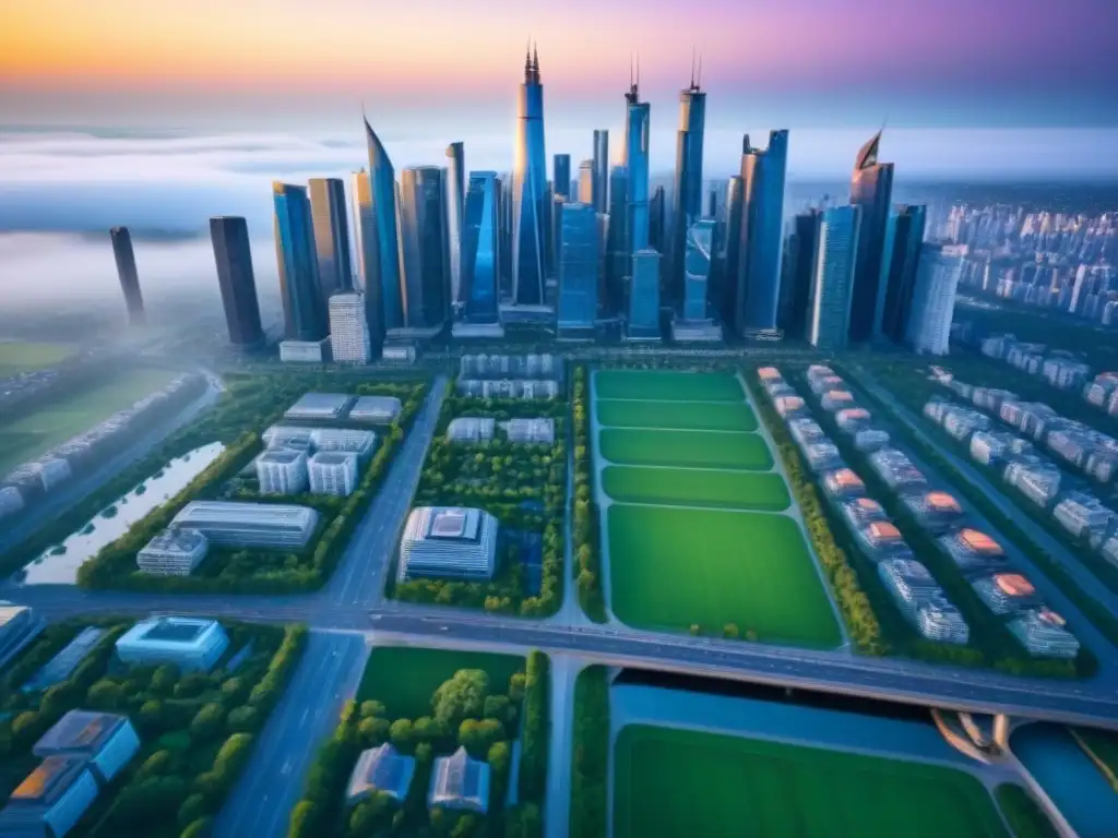 Horizonte urbano futurista: prosperidad financiera en la ciudad Vibrante ciudad futurista con rascacielos rodeados de áreas verdes y calles llenas de profesionales