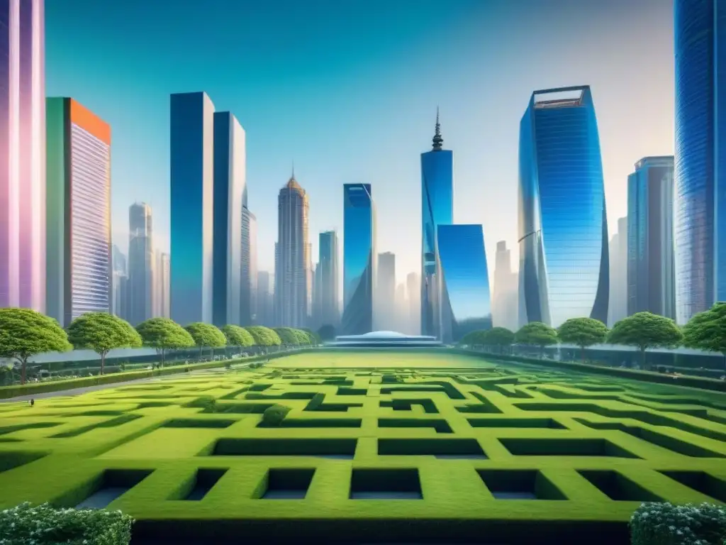 Metrópolis futurista: inversión inmobiliaria y sostenibilidad Vibrante ciudad futurista con rascacielos, parques verdes y profesionales discutiendo sobre inversión inmobiliaria