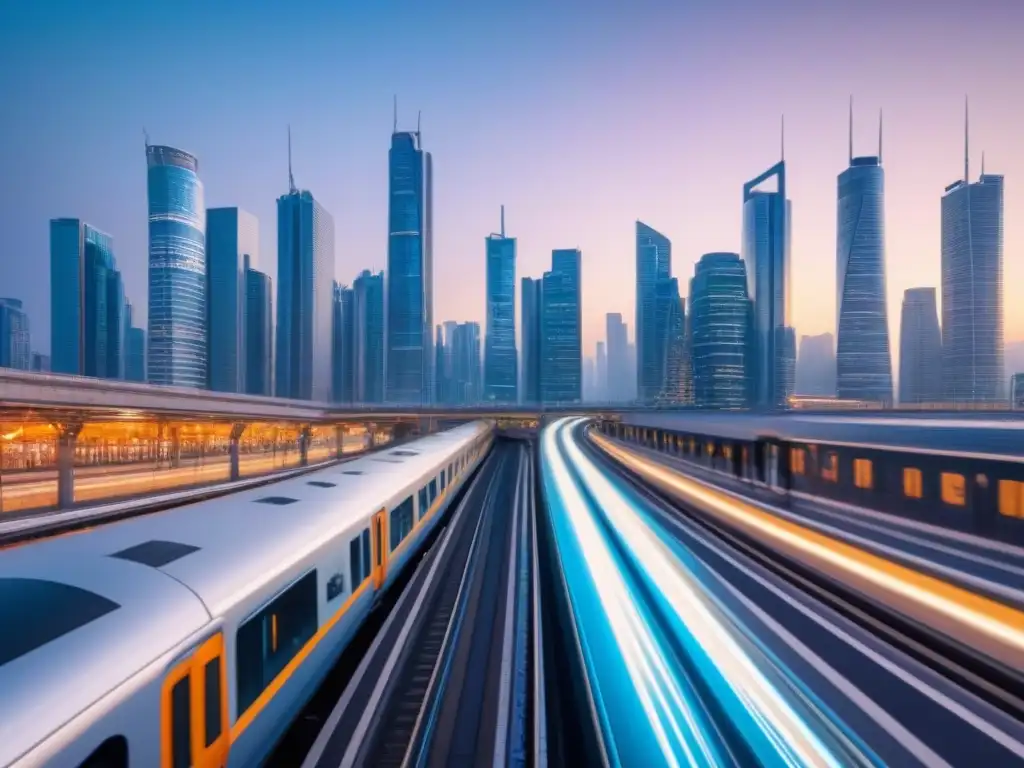 Metrópolis futurista en atardecer: innovación y progreso Vibrante ciudad futurista al anochecer, con rascacielos iluminados y trenes de alta velocidad