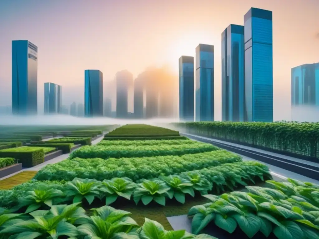 Metrópolis futurista: arquitectura sostenible en atardecer vibrante Vibrante ciudad futurista con rascacielos modernos rodeados de naturaleza exuberante al atardecer, destacando la normativa local cambios 2023