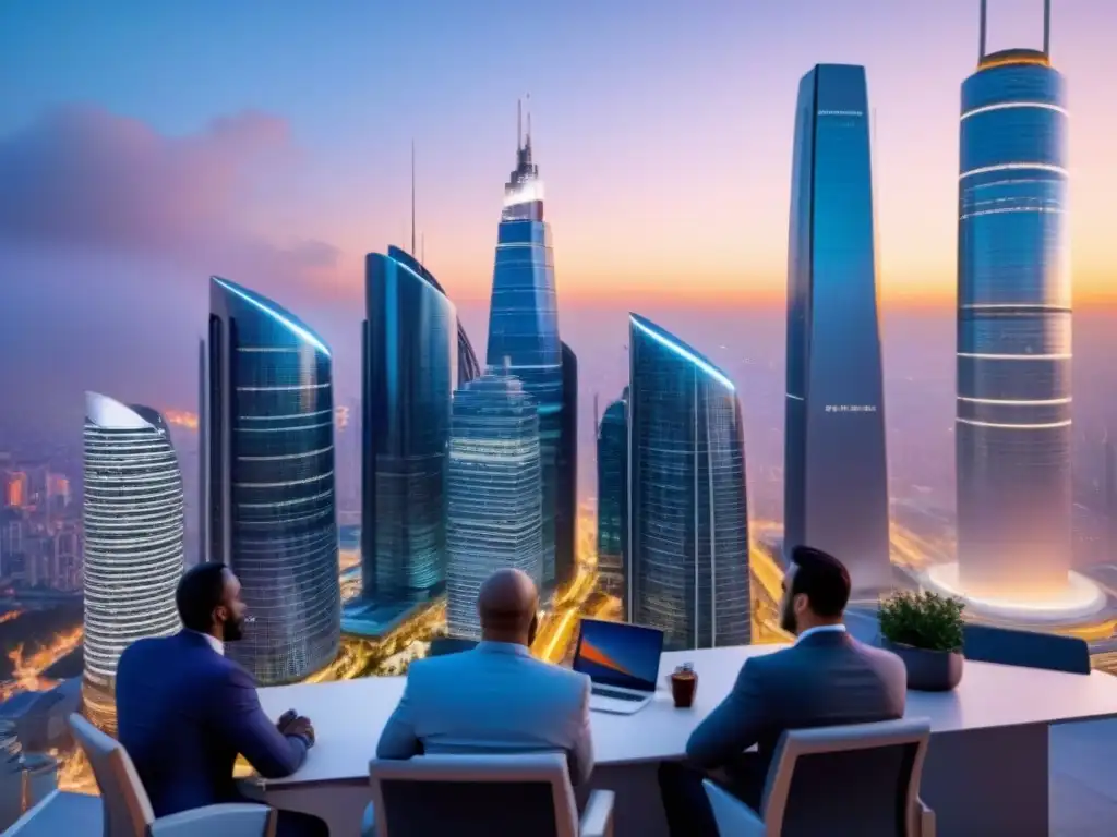 Innovación inmobiliaria 2023: Ciudad futurista y colaborativa al atardecer Vibrante ciudad futurista al anochecer con rascacielos avanzados iluminados, profesionales discutiendo, reflejando colaboración e innovación en regulaciones inmobiliarias 2023 inversores