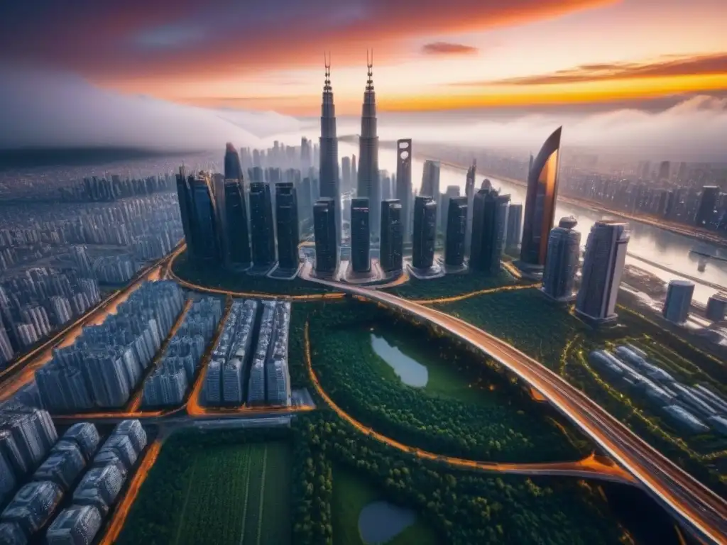 Metrópolis futurista: atardecer dorado en la ciudad innovadora Vibrante ciudad futurista con rascacielos reflejando el sol dorado, vehículos voladores y vegetación, ideal para 'Riesgos ocultos financiamiento inmobiliario'