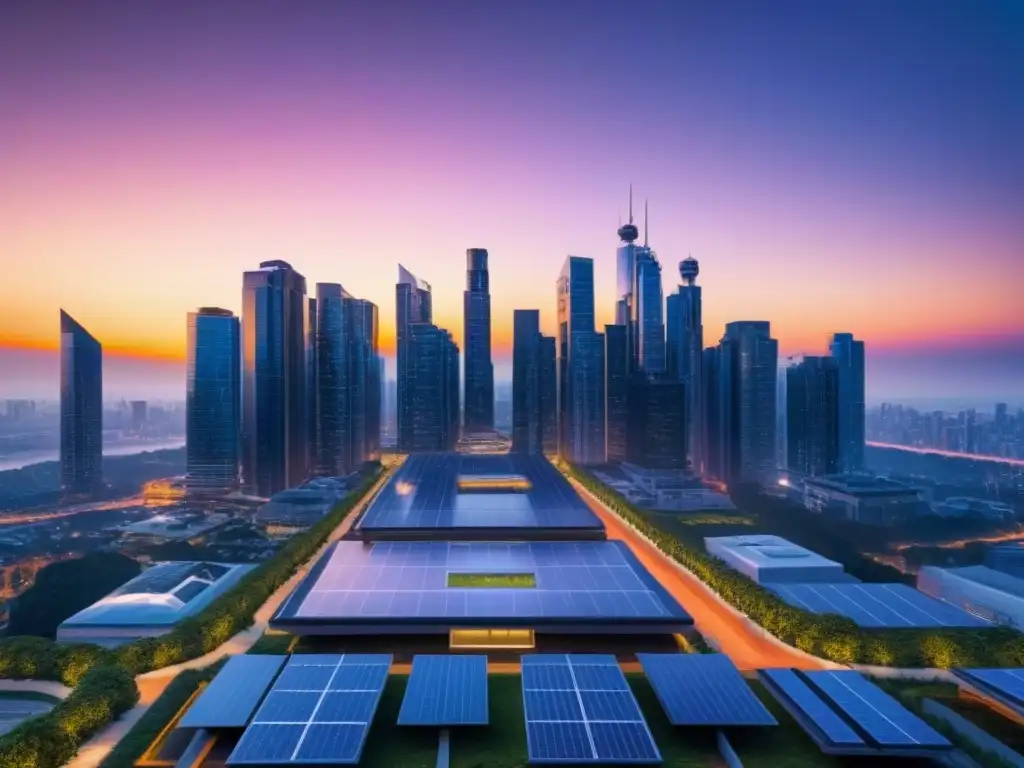 Horizonte urbano futurista: seguro inmobiliario innovador Vibrante ciudad futurista con rascacielos innovadores reflejando un atardecer, ideal para 'Mejores seguros inmobiliarios 2023'