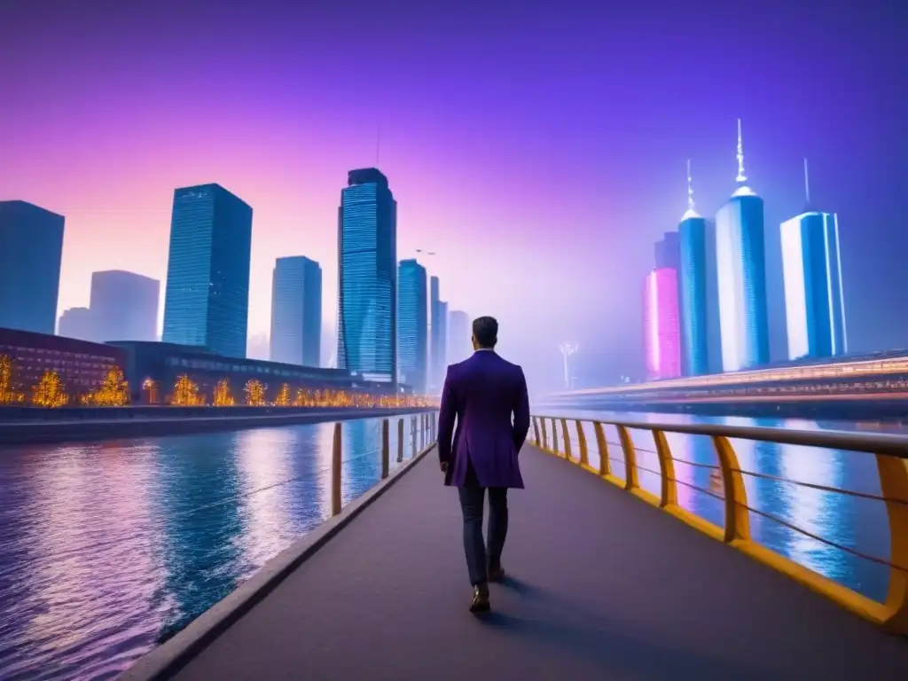 Vibrante ciudad futurista al anochecer con rascacielos iluminados y profesionales caminando