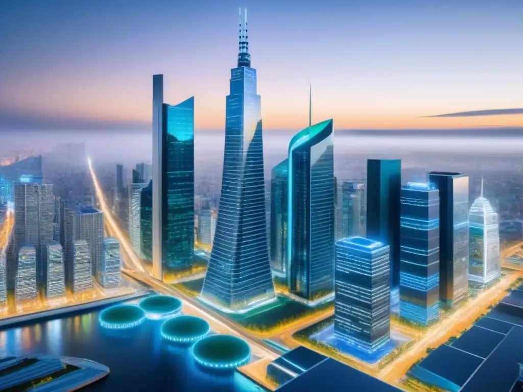Metrópolis futurista: innovación y seguridad en financiamiento inmobiliario Vibrante ilustración de una ciudad futurista con rascacielos, simbolizando la importancia de la autenticación en el financiamiento inmobiliario