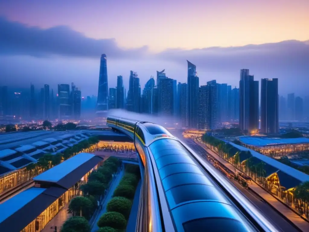 Metrópolis vibrante al anochecer: luces, rascacielos y monorraíl futurista Vibrante ciudad futurista al anochecer con rascacielos iluminados y un monorraíl, simbolizando oportunidades laborales en desarrollo urbano