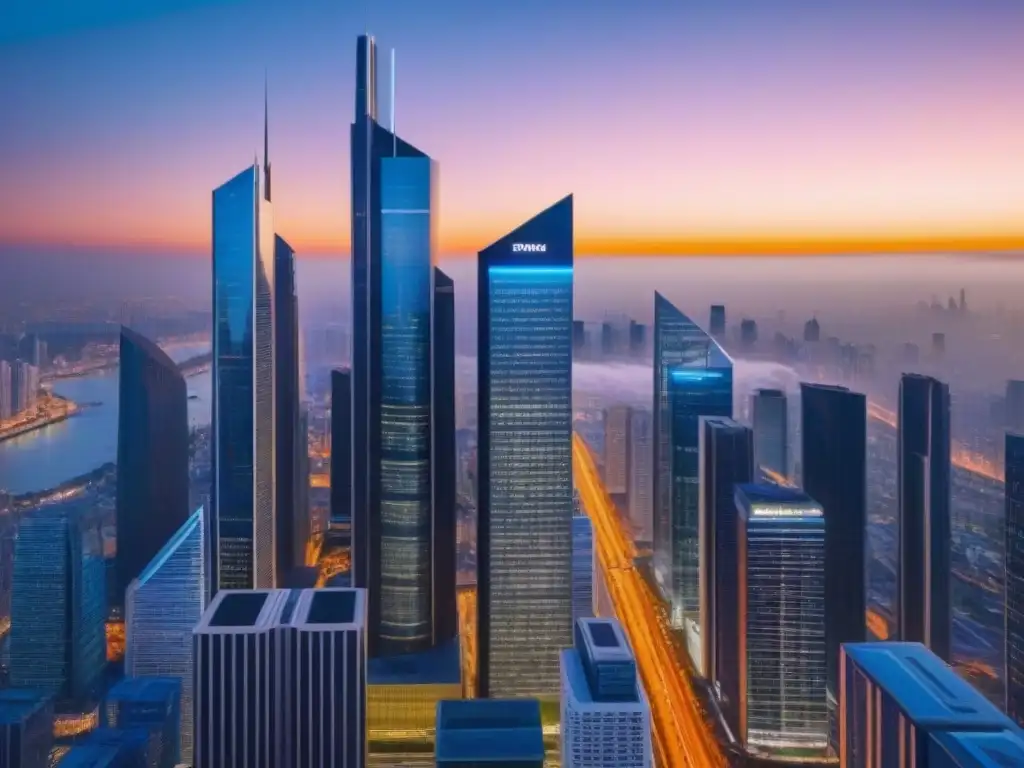 Metrópolis futurista al atardecer: innovación en el sector inmobiliario Vibrante ciudad futurista al anochecer con rascacielos y pantallas digitales, reflejando el Proptech para gestión inmobiliaria financiera