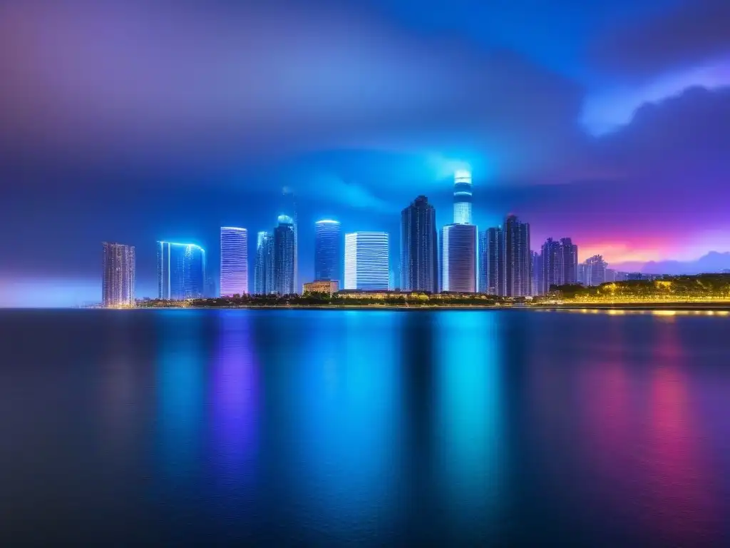 Metrópolis futurista: luces neón en la ciudad al atardecer Vibrante ciudad futurista al anochecer con rascacielos iluminados por luces neón sobre agua tranquila, mostrando tecnología y arquitectura moderna en metrópolis activa