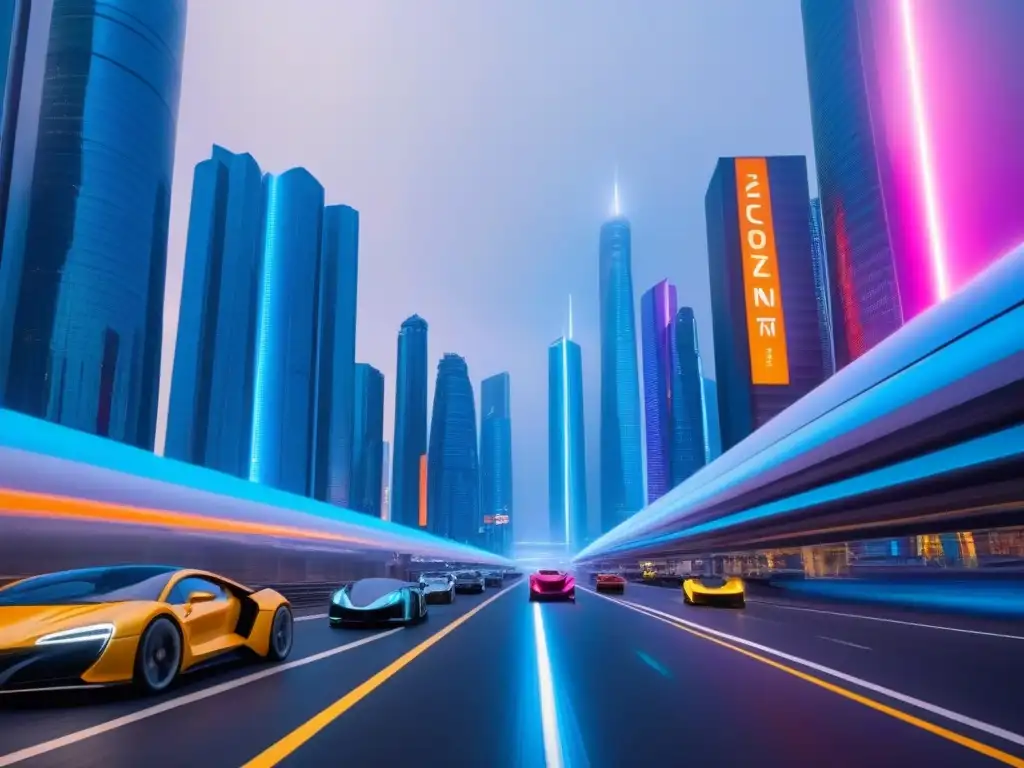 Vibrante ciudad futurista con rascacielos iluminados por luces neón, autos autónomos y robots AI