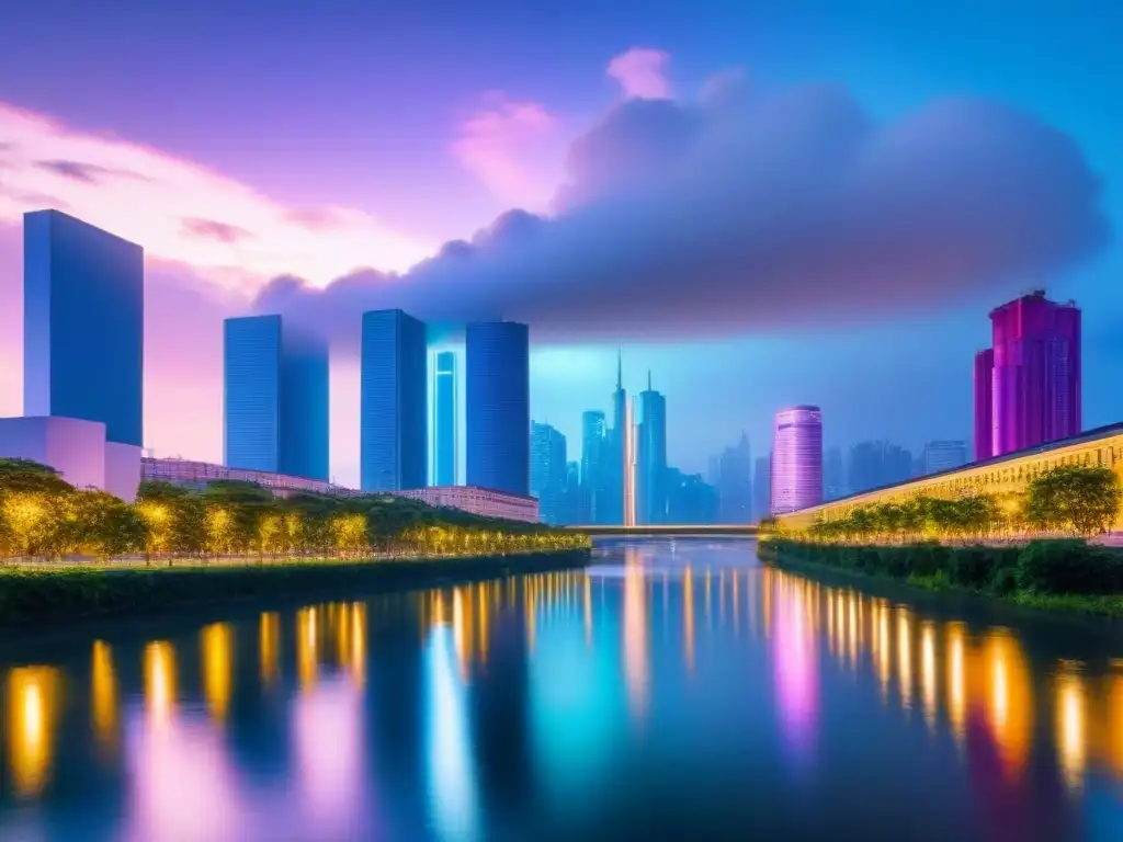 Horizonte futurista: ciudad iluminada con luces neón junto al río Vibrante ciudad futurista con rascacielos iluminados por luces neón al anochecer, reflejándose en un río tranquilo