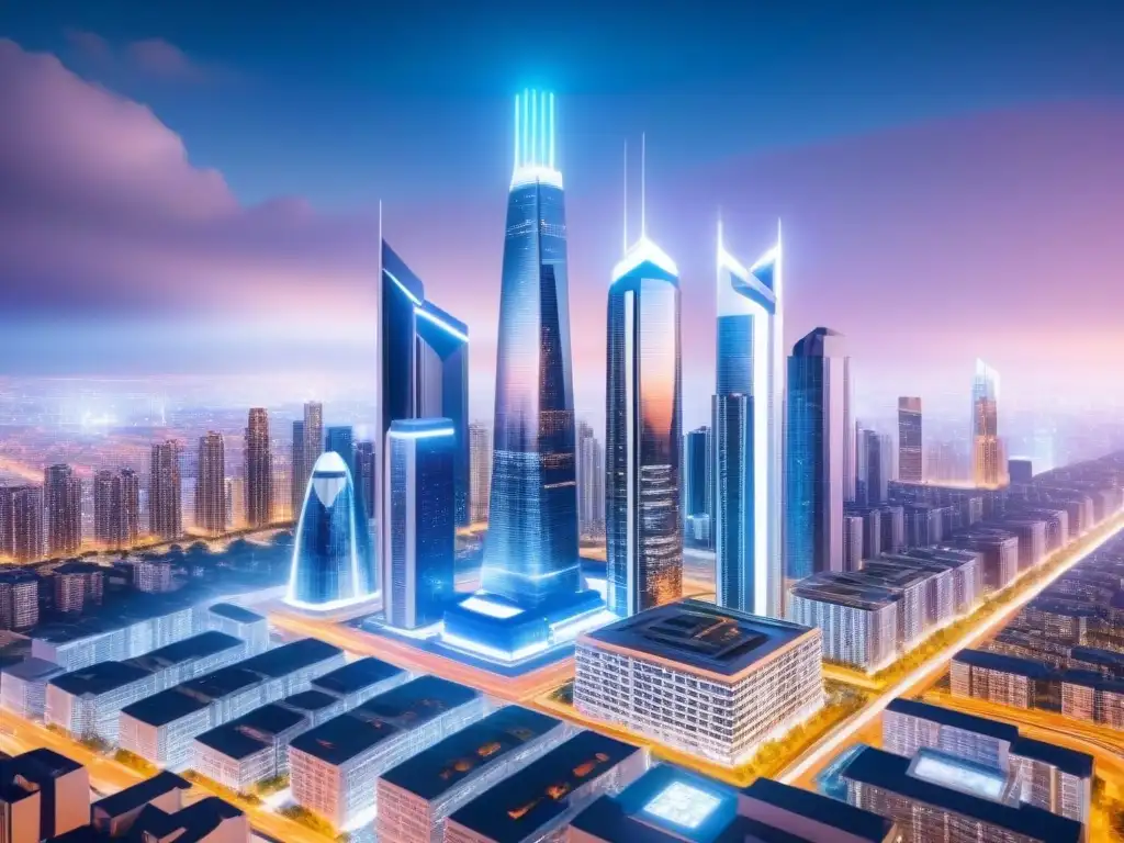 Metrópolis futurista: AI en la industria inmobiliaria Vibrante ciudad futurista con rascacielos y herramienta de análisis inmobiliario con inteligencia artificial en holograma