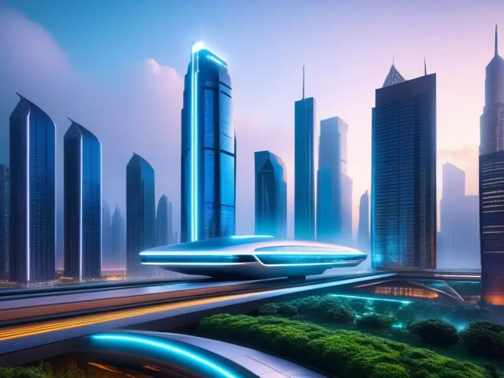 Metrópolis futurista: rascacielos vanguardistas y tecnología AI Vibrante ciudad futurista con rascacielos vanguardistas y transporte avanzado, iluminada por luces de neón y hologramas