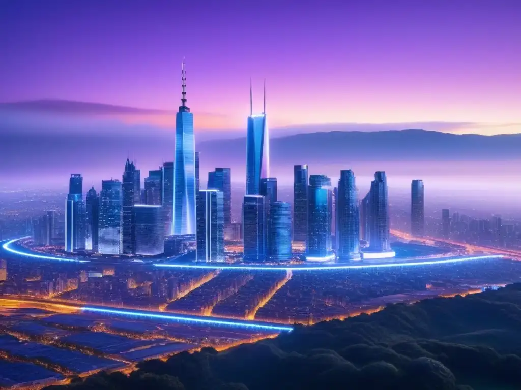 Metrópolis futurista: rascacielos iluminados al atardecer Vibrante ciudad futurista con rascacielos iluminados y datos digitales, resaltando la importancia de certificaciones bienes raíces