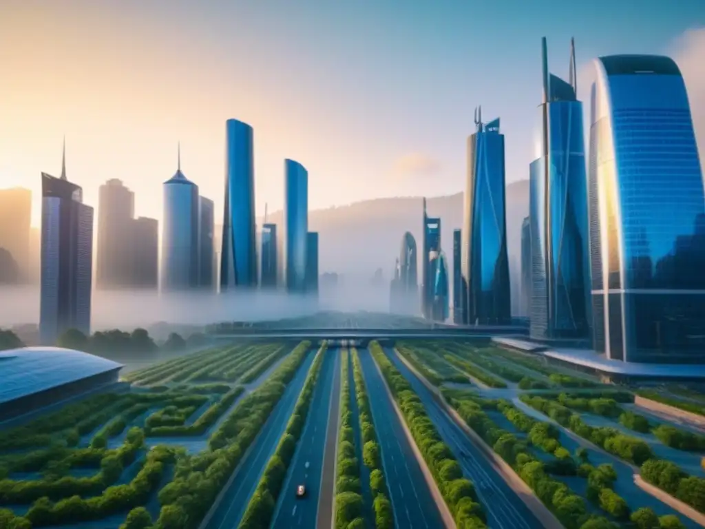 Metrópolis futurista: AI revoluciona la arquitectura urbana Vibrante ciudad futurista con rascacielos modernos y arquitectura verde, destacando la Inteligencia Artificial en Financiamiento Inmobiliario