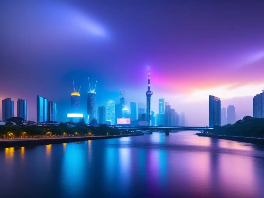 Metrópolis futurista: luces neón y tecnología avanzada Vibrante ciudad futurista al anochecer, con rascacielos iluminados por luces neón, reflejándose en el río