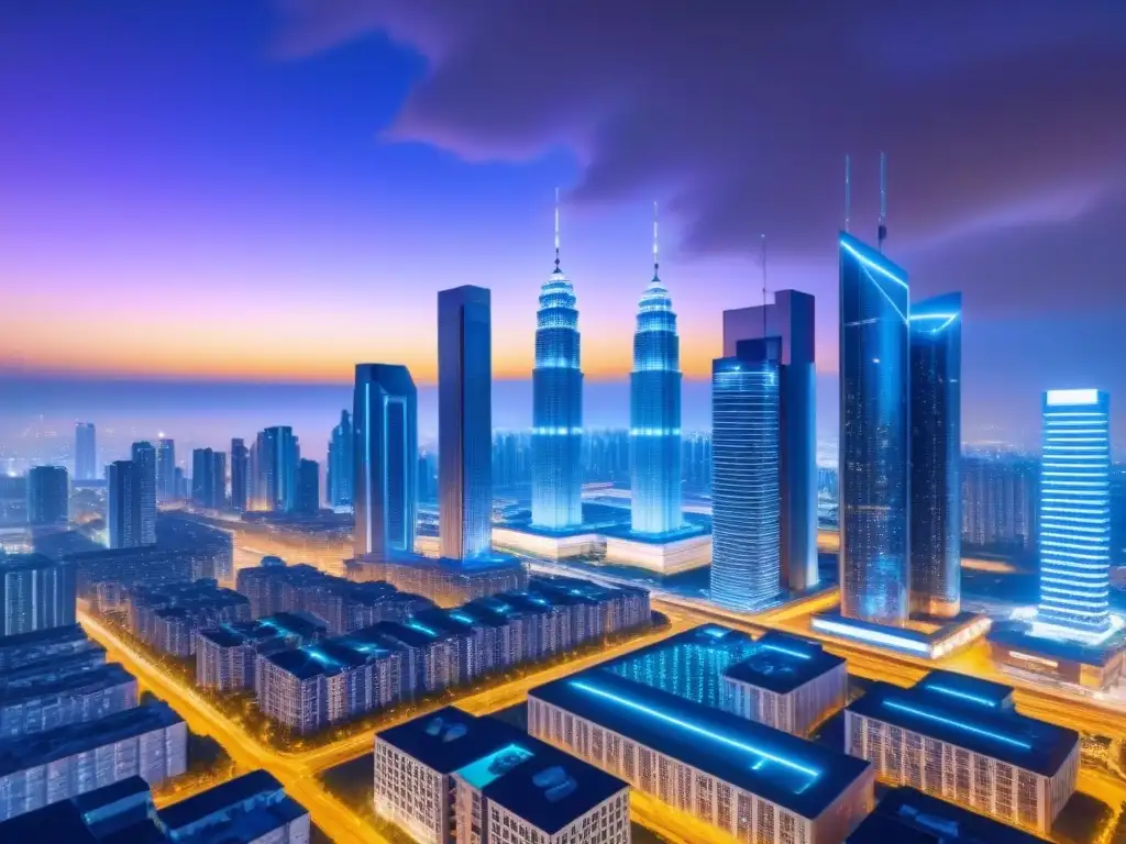 Skyline futurista con blockchain: innovación en financiamiento inmobiliario Vibrante ciudad futurista al anochecer con rascacielos iluminados y red blockchain, representa la integración de Blockchain en préstamos inmobiliarios
