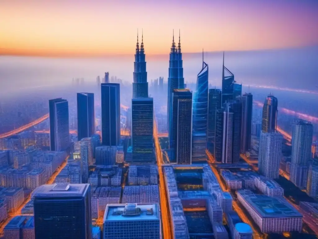 Metrópolis futurista: IA en el financiamiento inmobiliario Vibrante ciudad futurista al anochecer con rascacielos iluminados y drones controlados por IA, simbolizando el Acceso Financiamiento Inmobiliario IA