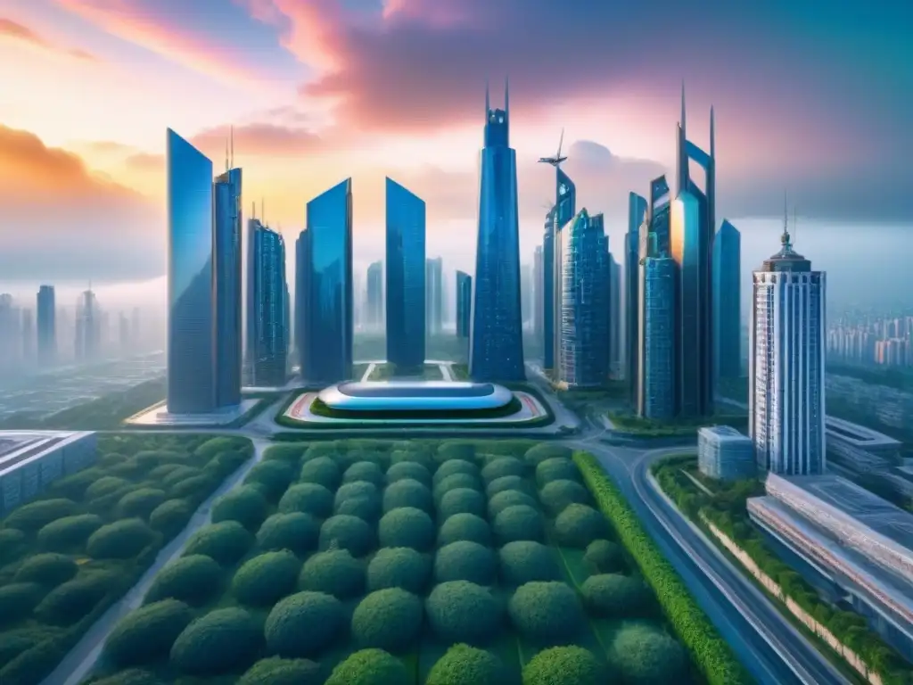 Ecosistema urbano futurista: fusión AI y naturaleza en 8k Vibrante ciudad futurista con rascacielos y naturaleza, reflejando la integración de inteligencia artificial en evaluación inmobiliaria