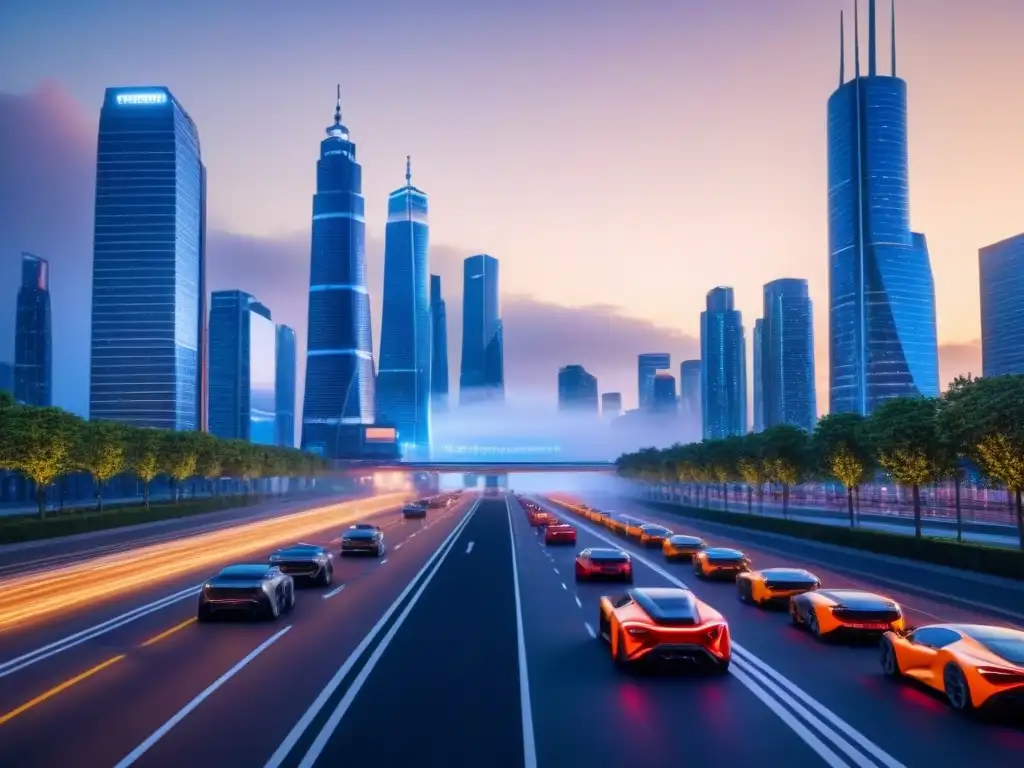 Ciudad futurista en 8k: Edificios inteligentes y blockchain Vibrante ciudad futurista al anochecer, con rascacielos innovadores y autos autónomos