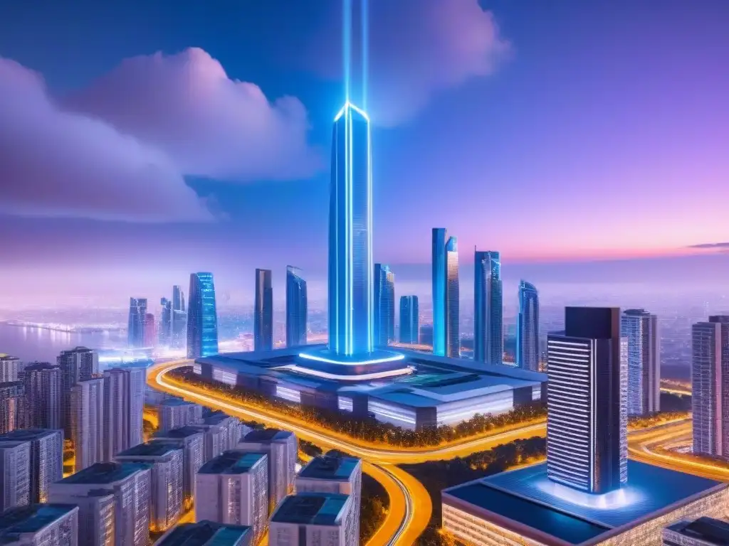 Metrópolis futurista: Integración de IA en el paisaje urbano Vibrante ciudad futurista con tecnología AI en tasaciones: rascacielos iluminados por luces neón, drones autónomos y autos sin conductor