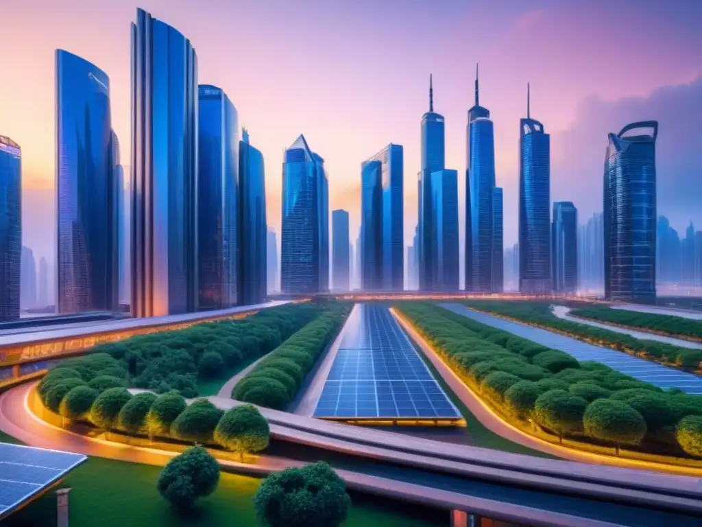Impresionante ciudad futurista con tecnología sostenible Vibrante ciudad futurista al anochecer con tecnología verde y neon lights