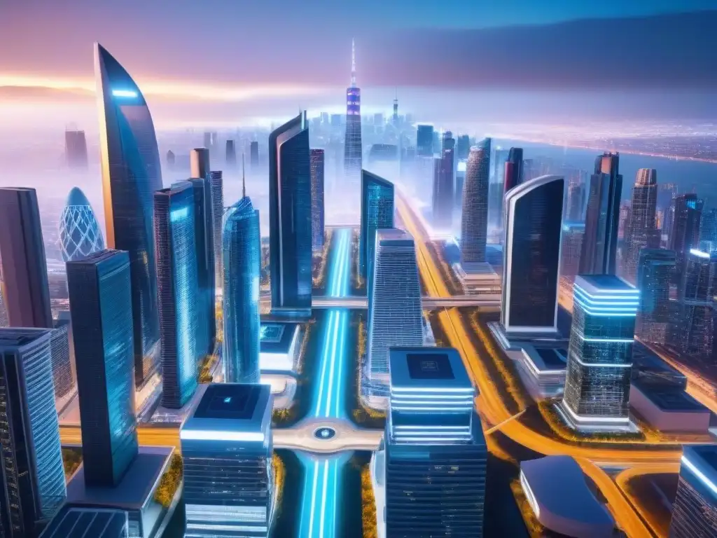 Vibrante ciudad futurista con tecnología digital y financiamiento inmobiliario completo