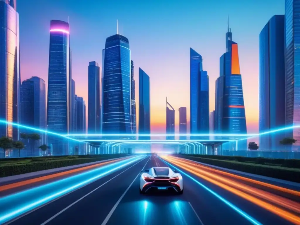 Metrópolis futurista: tecnología avanzada y seguridad de datos Vibrante ciudad futurista al anochecer con tecnología avanzada y símbolos de protección de datos