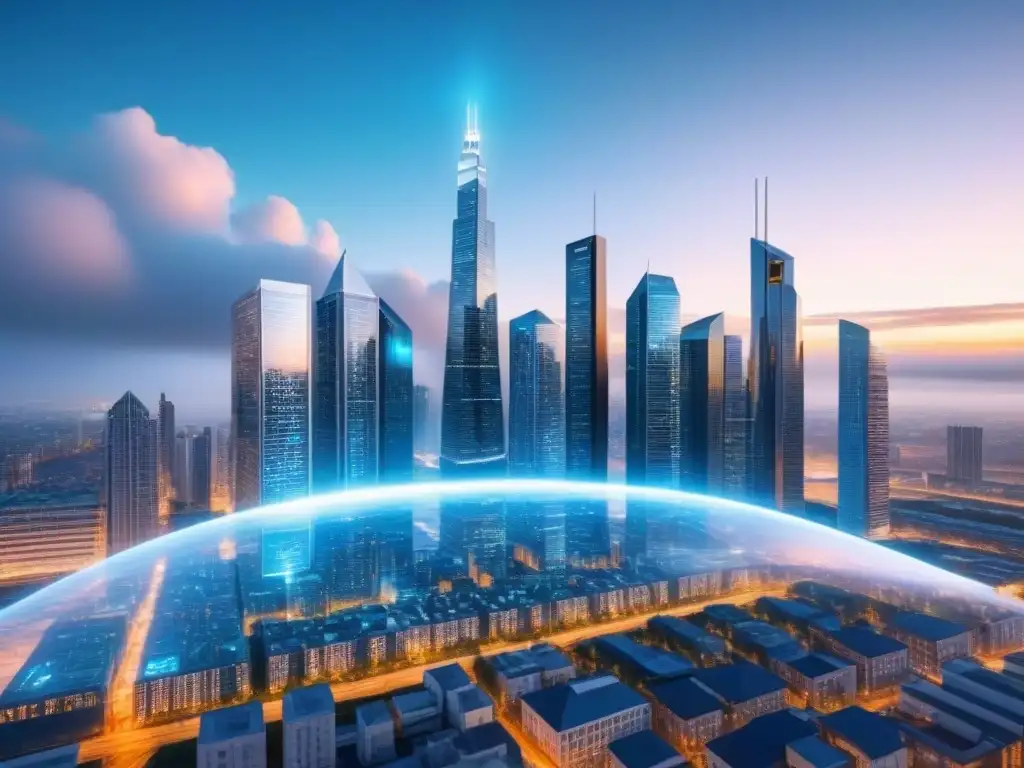 Cityscape futurista con tecnología blockchain en transacciones inmobiliarias Vibrante ciudad futurista con tecnología Blockchain en transacciones inmobiliarias