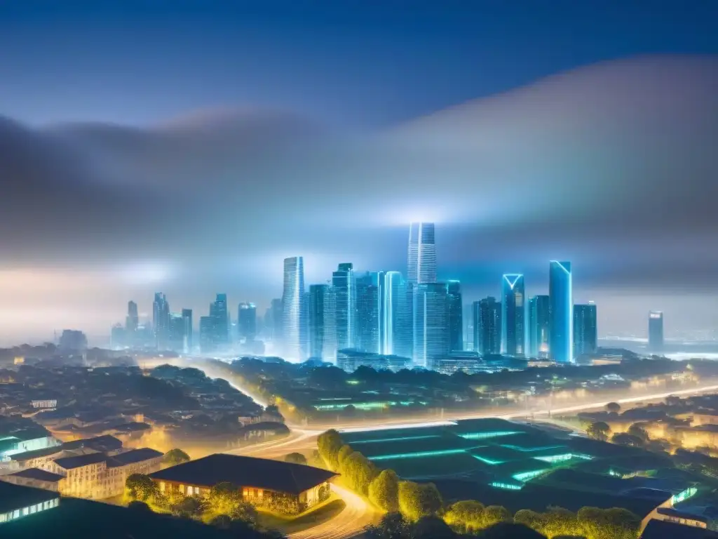 Metrópolis futurista: Integración blockchain en bienes raíces Vibrante ciudad futurista con tecnología Blockchain en seguridad propiedad inmobiliaria